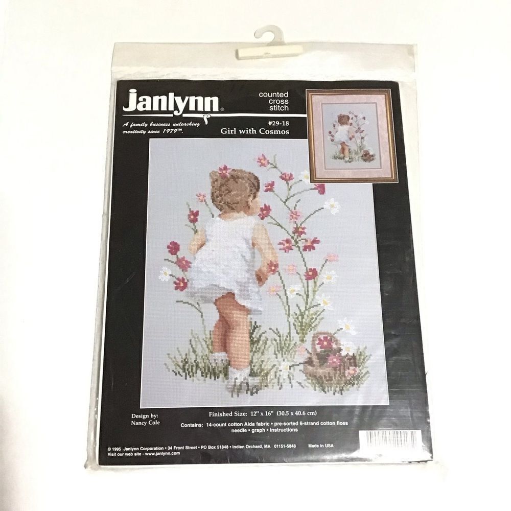 Janlynn Girl With Cosmos Counted Cross Stitch‎ Kit New 1995 12x16